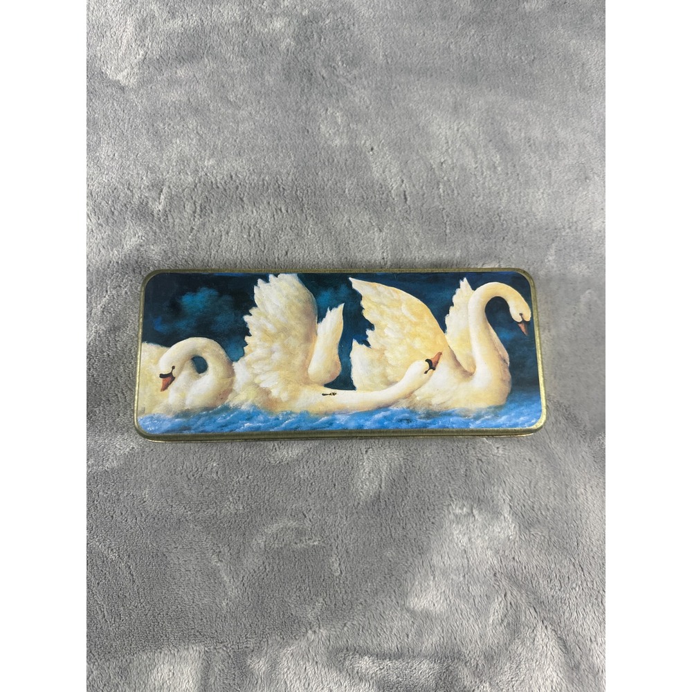 Vintage Bronnley White Iris Swan Metal Tin Gold Tone Rectangular Collectible